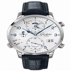 Glashutte Original Senator Cosmopolite Stainless Steel / Silver-Arabic / Alligator / Folding 1-89-02-03-02-30
