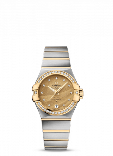 Omega Constellation Co-Axial 27 Brushed Stainless Steel / Yellow Gold / Diamond Bezel / Champagne Feather 123.25.27.20.58.002