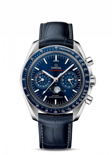 Omega Speedmaster Moonphase Chronograph Master Chronometer Stainless Steel / Blue / Alligator 304.33.44.52.03.001