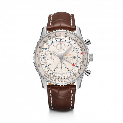 Breitling Navitimer World Stainless Steel / Silver / Croco / Pin A24322121G1P1