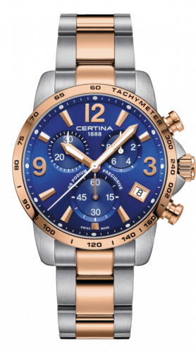 Certina DS Podium Chronograph 1/10 Sec Stainless Steel / Rose Gold PVD / Blue / Bracelet C034.417.22.047.00