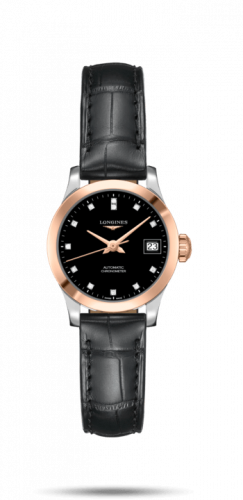 Longines Record 26mm Stainless Steel / Pink Gold / Black-Diamond / Alligator L2.320.5.57.2