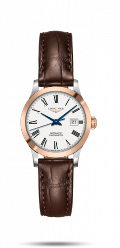 Longines Record 30mm Stainless Steel / Pink Gold / White-Roman / Alligator L2.321.5.11.2