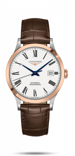 Longines Record 40mm Stainless Steel / Pink Gold / White-Roman / Alligator L2.821.5.11.2
