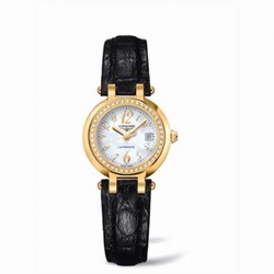 Longines PrimaLuna Automatic 26.5 Yellow Gold Diamond Leather Funky MOP L8.111.7.83.2