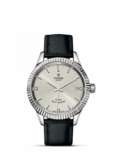 Tudor Style 34 Stainless Steel / Fluted / Silver-Diamond / Strap M12310-0024