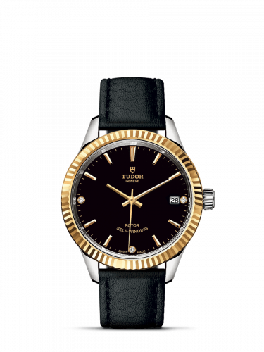 Tudor Style 34 Stainless Steel / Yellow Gold / Fluted / Black-Diamond / Strap M12313-0022