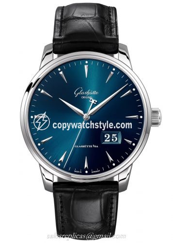 Glashutte Original Senator Excellence Panorama Date Stainless Steel / Blue / Alligator / Pin 1-36-03-04-02-01