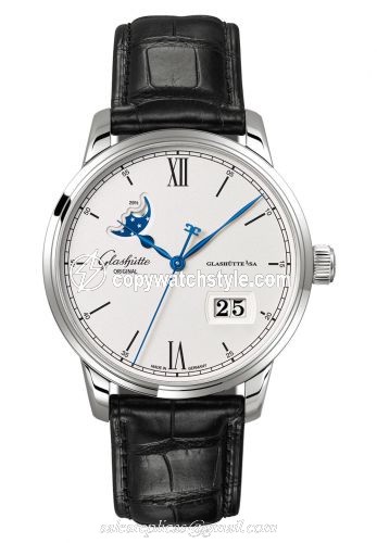 Glashutte Original Senator Excellence Panorama Date Moonphase Stainless Steel / Silver / Alligator / Folding 1-36-04-01-02-50
