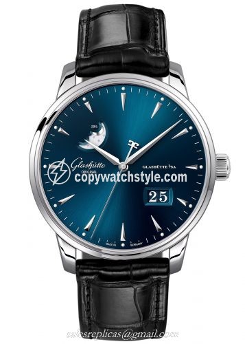 Glashutte Original Senator Excellence Panorama Date Moonphase Stainless Steel / Blue / Alligator / Folding 1-36-04-04-02-30