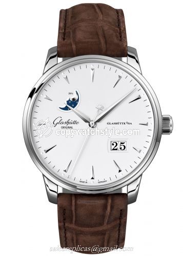 Glashutte Original Senator Excellence Panorama Date Moonphase Stainless Steel / Silver / Alligator / Pin 1-36-04-05-02-02