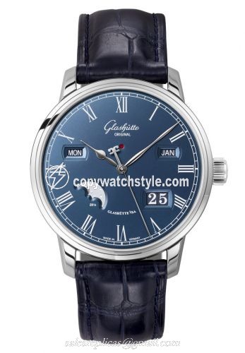 Glashutte Original Senator Perpetual Calendar Stainless Steel / Blue / Alligator / Folding 100-02-07-12-50