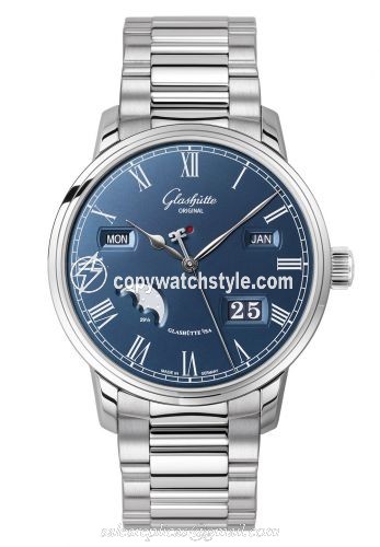 Glashutte Original Senator Perpetual Calendar Stainless Steel / Blue / Bracelet 100-02-07-12-70