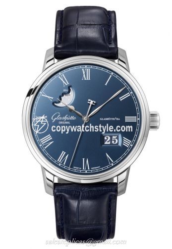 Glashutte Original Senator Panorama Date Moonphase Stainless Steel / Blue / Alligator / Pin 100-04-05-12-01 Glashutte Original Senator Panorama Date Moonphase Stainless Steel / Blue / Alligator / Pin 100-04-05-12-01