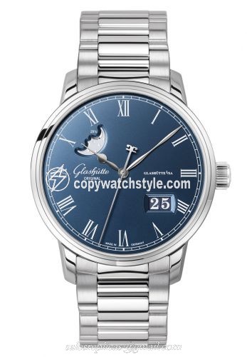 Glashutte Original Senator Panorama Date Moonphase Stainless Steel / Blue / Bracelet 100-04-05-12-70