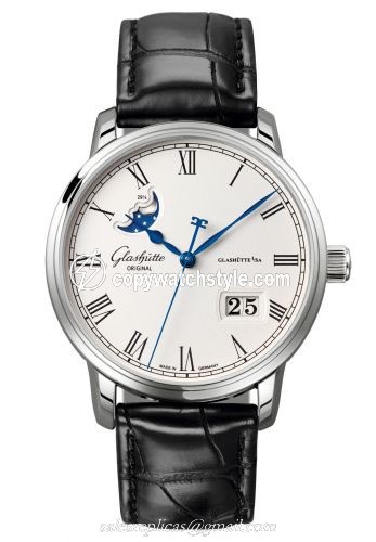 Glashutte Original Senator Panorama Date Moon Phase Stainless Steel / Silver / Alligator / Folding 100-04-32-12-04