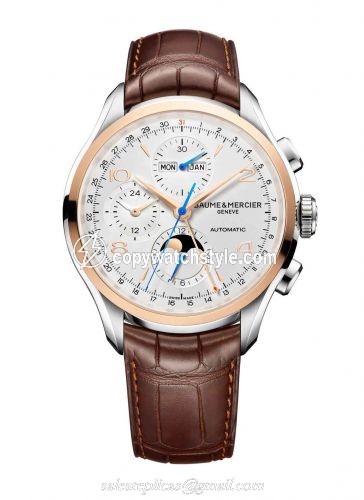 Baume & Mercier Clifton Chronograph Complete Calendar Stainless Steel / Red Gold / Silver / Strap 10280 Baume & Mercier Clifton Chronograph Complete Calendar Stainless Steel / Red Gold / Silver / Strap 10280