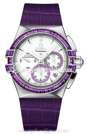 Omega Constellation Co-Axial 35 Chronograph Double Eagle White Gold / Silver / Purple Alligator 121.58.35.50.54.002 Omega Constellation Co-Axial 35 Chronograph Double Eagle White Gold / Silver / Purple Alligator 121.58.35.50.54.002