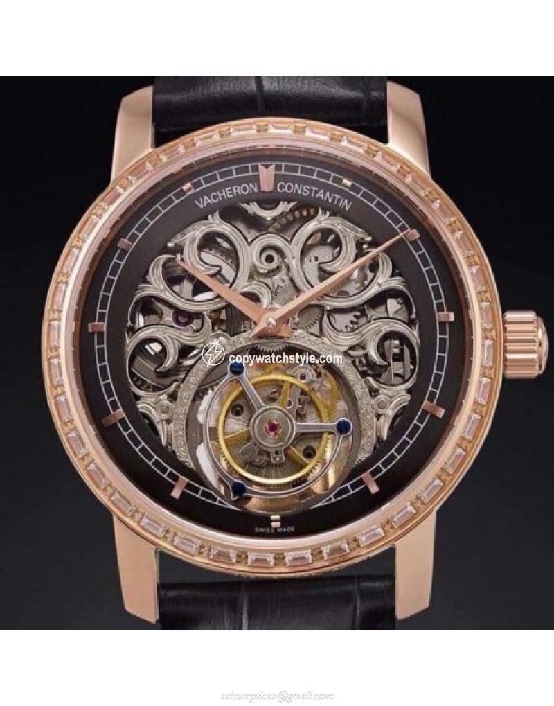 Vacheron Constantin Patrimony Tourbillon 24K Rose Gold Plated & Diamonds Skeleton & Black 