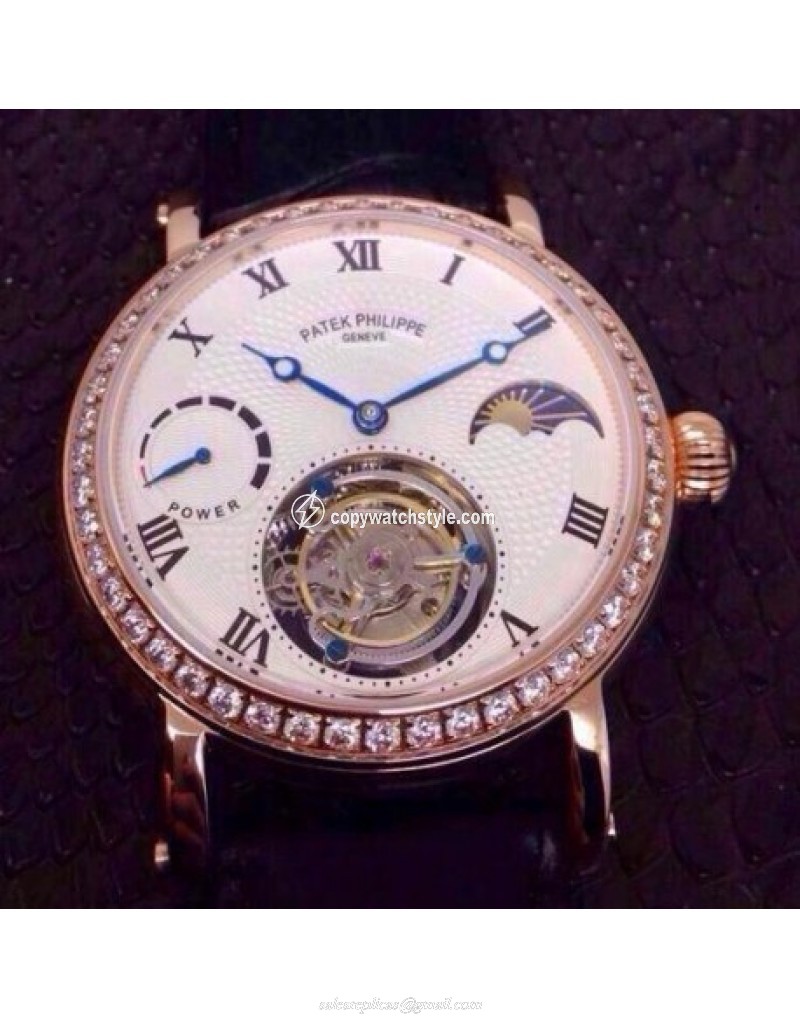Patek Philippe Tourbillon Moonphase Power Reserve Rose Gold Diamonds Bezel Swiss Tourbillon Patek Philippe Tourbillon Moonphase Power Reserve Rose Gold Diamonds Bezel Swiss Tourbillon