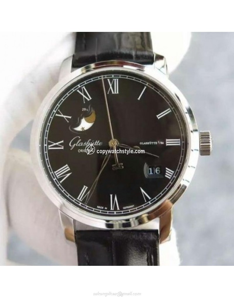Glashutte Senator Panorama Date Moon Phase Stainless Steel Black Glashutte Senator Panorama Date Moon Phase Stainless Steel Black