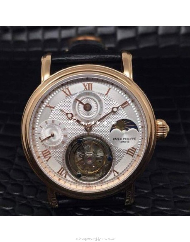 Patek Philippe Tourbillon Moonphase Power Reserve 24K Rose Gold Plated White Patek Philippe Tourbillon Moonphase Power Reserve 24K Rose Gold Plated White