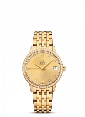 Omega De Ville Prestige Co-Axial 32.7 Yellow Gold / Diamond / Champagne / Bracelet 424.55.33.20.58.001
