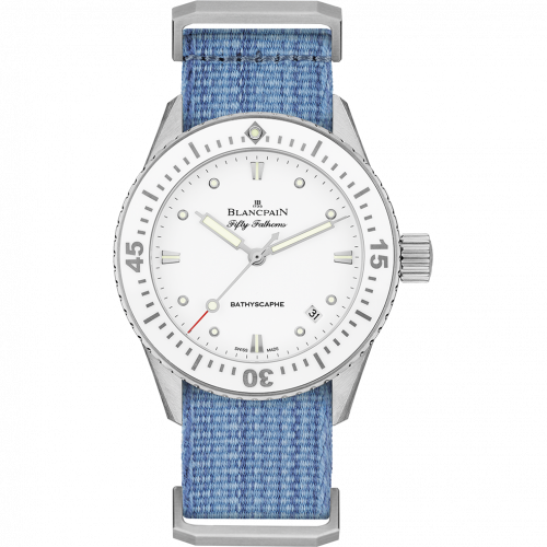 Blancpain Fifty Fathoms Bathyscaphe Stainless Steel / White / Jeans Nato 5100-1127-NAJ Blancpain Fifty Fathoms Bathyscaphe Stainless Steel / White / Jeans Nato 5100-1127-NAJ