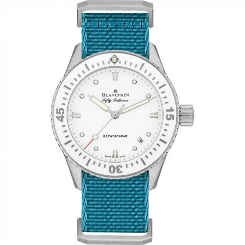 Blancpain Fifty Fathoms Bathyscaphe Stainless Steel / White / Baby Blue Nato 5100-1127-NAT Blancpain Fifty Fathoms Bathyscaphe Stainless Steel / White / Baby Blue Nato 5100-1127-NAT