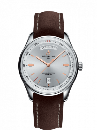 Breitling Premier Automatic Day & Date 40 Stainless Steel / Silver / Nubuck Brown / Folding A45340211G1X1 Breitling Premier Automatic Day & Date 40 Stainless Steel / Silver / Nubuck Brown / Folding A45340211G1X1