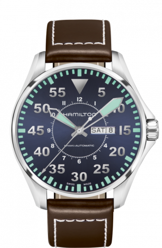 Hamilton Khaki Aviation Day Date Stainless Steel / Blue / Strap H64715545 Hamilton Khaki Aviation Day Date Stainless Steel / Blue / Strap H64715545