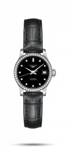 Longines Record 26mm Stainless Steel / Diamond / Black-Diamond / Alligator L2.320.0.57.2