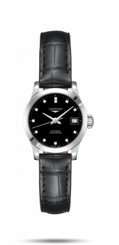 Longines Record 26mm Stainless Steel / Black-Diamond / Alligator L2.320.4.57.2 Longines Record 26mm Stainless Steel / Black-Diamond / Alligator L2.320.4.57.2
