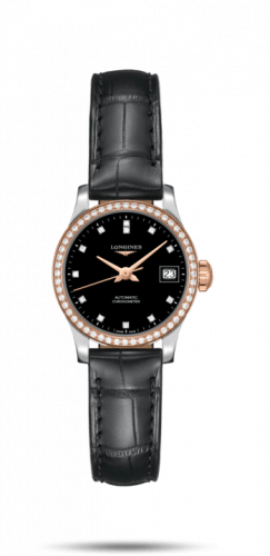 Longines Record 26mm Stainless Steel / Pink Gold / Diamond / Black-Diamond / Alligator L2.320.5.59.2