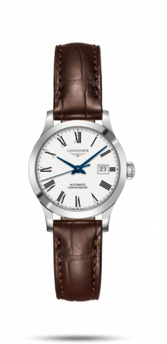 Longines Record 30mm Stainless Steel / White-Roman / Alligator L2.321.4.11.2 Longines Record 30mm Stainless Steel / White-Roman / Alligator L2.321.4.11.2