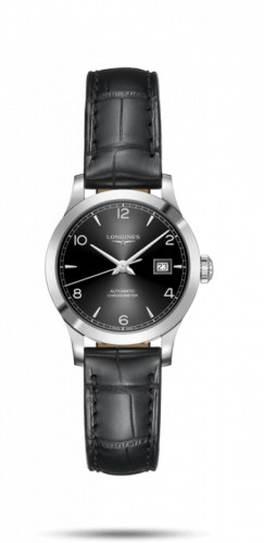 Longines Record 30mm Stainless Steel / Black-Arabic / Alligator L2.321.4.56.2 Longines Record 30mm Stainless Steel / Black-Arabic / Alligator L2.321.4.56.2