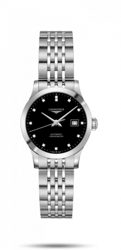 Longines Record 30mm Stainless Steel / Black-Diamond / Bracelet L2.321.4.57.6 Longines Record 30mm Stainless Steel / Black-Diamond / Bracelet L2.321.4.57.6