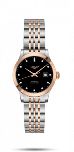 Longines Record 30mm Stainless Steel / Pink Gold / Black-Diamond / Bracelet L2.321.5.57.7