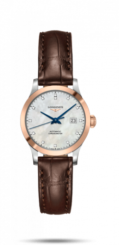 Longines Record 30mm Stainless Steel / Pink Gold / MOP-Diamond / Alligator L2.321.5.87.2