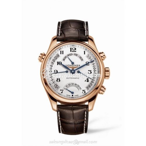 Longines Master Collection 44 Retrograde Pink Gold / Silver-Arabic / Alligator XL L2.717.8.78.5 Longines Master Collection 44 Retrograde Pink Gold / Silver-Arabic / Alligator XL L2.717.8.78.5