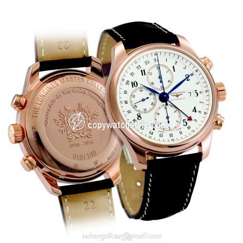 Longines Master Collection 44 Chronograph Pink Gold / Silver-Arabic / Alligator / 100th anniversary of the Republic of Portugal L2.740.8.73.3 Longines Master Collection 44 Chronograph Pink Gold / Silver-Arabic / Alligator / 100th anniversary of the Republic of Portugal L2.740.8.73.3