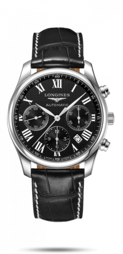 Longines Master Collection 42 Chronograph Stainless Steel / Black-Roman / Alligator XL L2.759.4.51.8 Longines Master Collection 42 Chronograph Stainless Steel / Black-Roman / Alligator XL L2.759.4.51.8