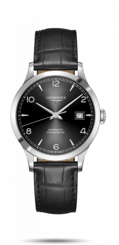 Longines Record 38.5mm Stainless Steel / Black-Arabic / Alligator L2.820.4.56.2