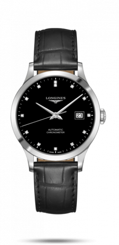 Longines Record 38.5mm Stainless Steel / Black-Diamond / Alligator L2.820.4.57.2 Longines Record 38.5mm Stainless Steel / Black-Diamond / Alligator L2.820.4.57.2
