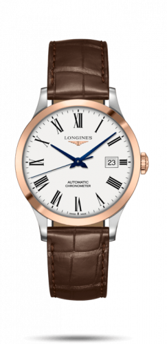 Longines Record 38.5mm Stainless Steel / Pink Gold / White-Roman / Alligator L2.820.5.11.2 Longines Record 38.5mm Stainless Steel / Pink Gold / White-Roman / Alligator L2.820.5.11.2