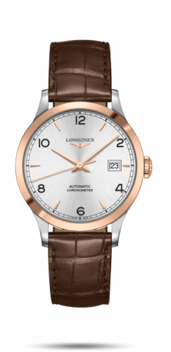 Longines Record 38.5mm Stainless Steel / Pink Gold / Silver-Arabic / Alligator L2.820.5.76.2 Longines Record 38.5mm Stainless Steel / Pink Gold / Silver-Arabic / Alligator L2.820.5.76.2