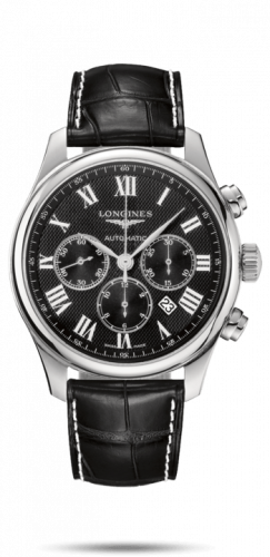 Longines Master Collection 44 Chronograph Stainless Steel / Black-Roman / Alligator XL L2.859.4.51.8 Longines Master Collection 44 Chronograph Stainless Steel / Black-Roman / Alligator XL L2.859.4.51.8