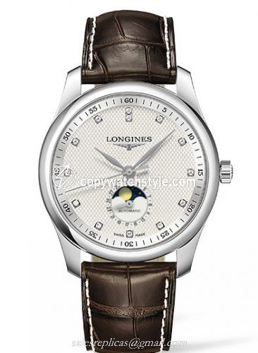 Longines Master Collection 40 Moonphase Stainless Steel / Silver-Diamond / Alligator L2.909.4.77.3
