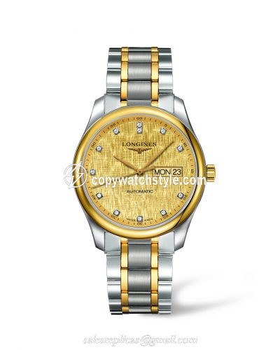 Longines Master Collection 38.5 Day Date Stainless Steel / Yellow Gold / Champagne-Linen / Bracelet L2.755.5.38.7 Longines Master Collection 38.5 Day Date Stainless Steel / Yellow Gold / Champagne-Linen / Bracelet L2.755.5.38.7