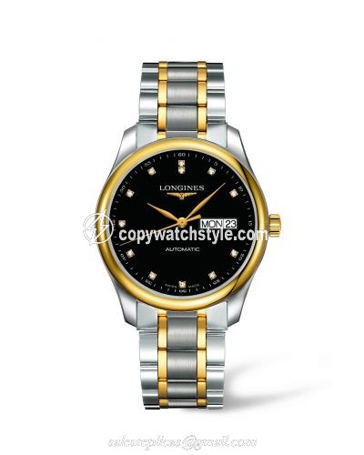 Longines Master Collection 38.5 Day Date Stainless Steel / Yellow Gold / Black-Diamond / Bracelet L2.755.5.57.7 Longines Master Collection 38.5 Day Date Stainless Steel / Yellow Gold / Black-Diamond / Bracelet L2.755.5.57.7